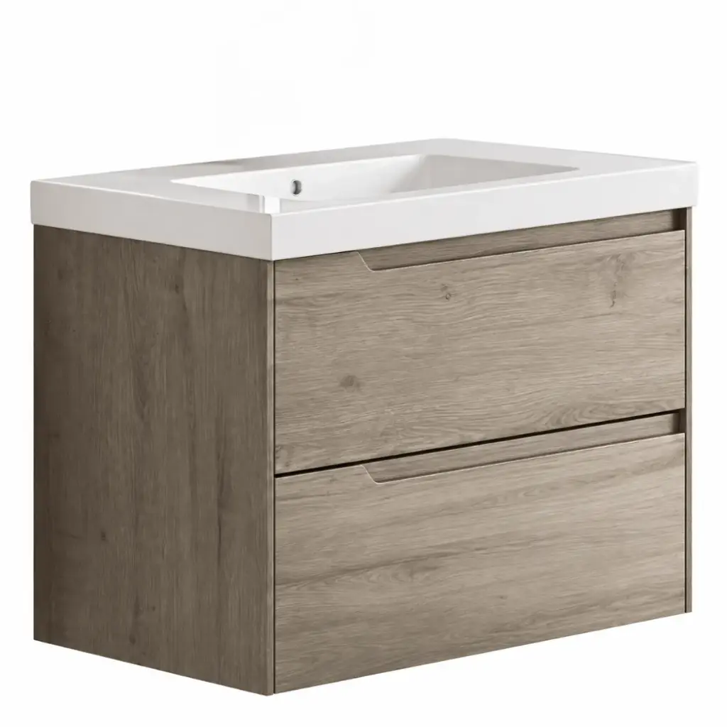 MUEBLE DE BAÑO MOD. OAK LIGHT COLOR CEDRO CLARO 2 GAV. 59  X  45  X  50 CM + LAVAMANOS P / EMP BLANCO BRILLANTE 61 X 46 CM  REF. MUSO-004 + LV-001 MARCA EUROPA