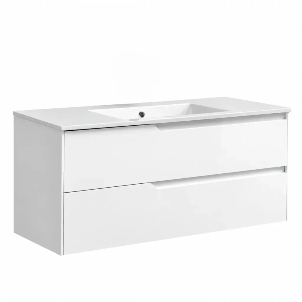 MUEBLE DE BAÑO COLOR BLANCO BRILLANTE 2 GAVETAS 119 X 45 X 50 CM LAVAMANOS P/ EMP.COLOR BLANCO BRILLANTE 121 X 46 CM REF. MUSO-019  + LV-004 MARCA EUROPA