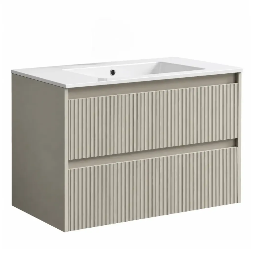 MUEBLE DE BAÑO COLOR GREIGE MATE 2 GAVETAS 59 X 45 X 50 CM LAVAMANOS P/ EMP.COLOR BLANCO BRILLANTE 61 X 46 CM  REF. MUSO-011 + LV-001 MARCA EUROPA
