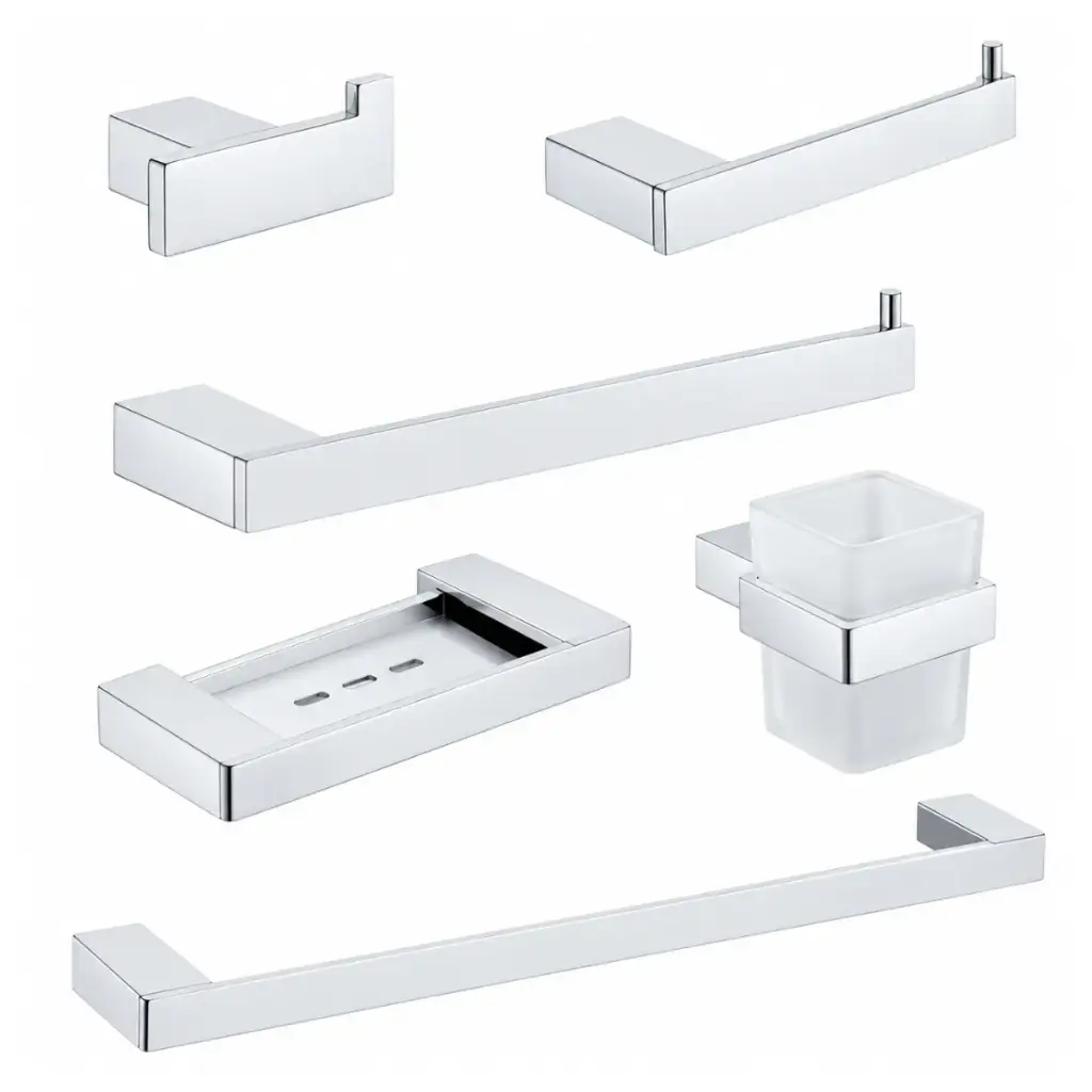 ACCESORIOS DE BAÑO 6 PZAS MOD. VALENCIA COLOR CROMADO REF. ACCE-038 MARCA EUROPA