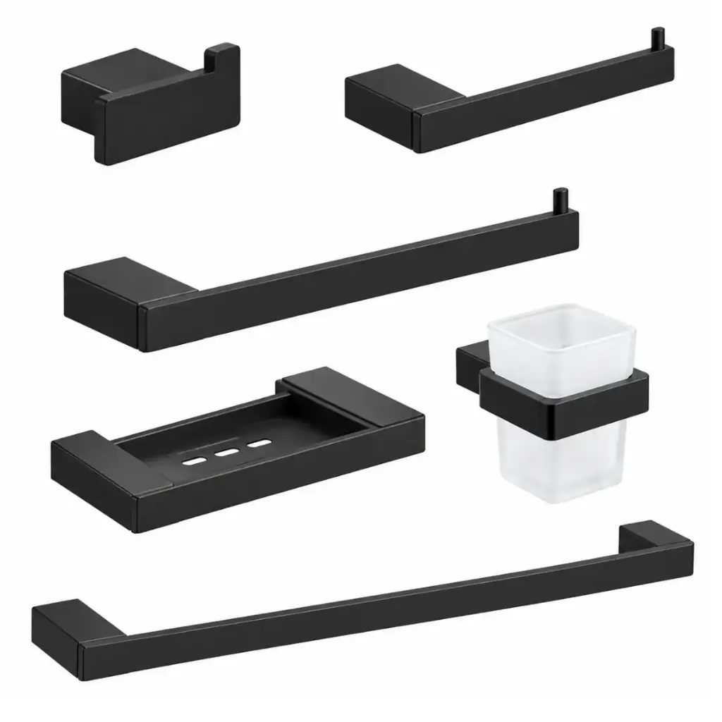 ACCESORIOS DE BAÑO 6 PZAS MOD. VALENCIA COLOR NEGRO REF. ACCE-037 MARCA EUROPA