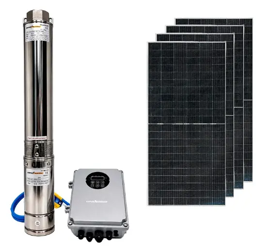 BOMBA SUMERGIBLE SOLAR DE 2 HP DESCARGA 2" AGUA LIMPIA ACERO INOX. 110V 4000RPM 13A 267 LTS/MIN 70MT C/ CAJA DE CONTROL + 4 PANEL SOLAR 620W MOD. 4SC16 REF. EBS-2007 MAG