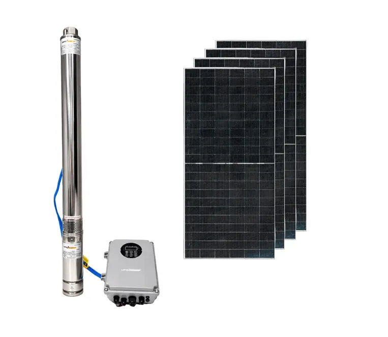 BOMBA SUMERGIBLE SOLAR DE 2 HP DESCARGA 1.25" AGUA LIMPIA ACERO INOX. 110V 13A 4000 RPM 63.33LTS/MIN 180MT C/ CAJA DE CONTROL + 4 PANEL SOLAR 620W MOD. 3SC38 REF. EBS-2006 MAG