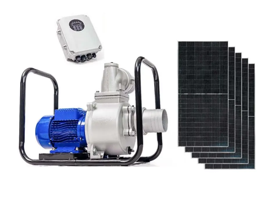 ELECTROBOMBA AUTOCEBANTE SOLAR 3HP 2200W 4" X 4" 280 V 1167LTS/MIN 16MTS C/ CAJA DE CONTROL + 5 PANEL SOLAR DE 620W (238 X 113 X 3 CM) MOD. SWP70 REF. EBS-2004 MARCA MAG