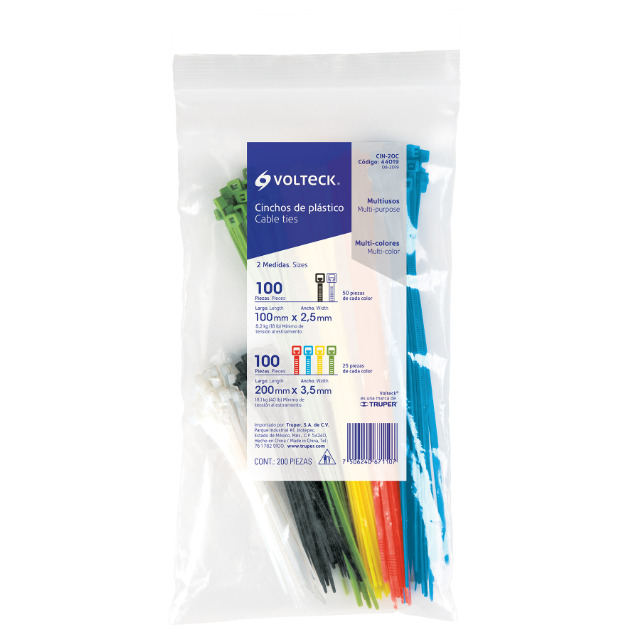 AMARRA CABLE/ TIRRAP/ CINCHOS DE NYLON COLORES SURTIDOS BOLSA 200 PZ CIN-20 REF.44019 MARCA VOLTECK