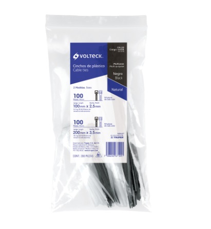 AMARRA CABLE/ TIRRAP/ CINCHOS DE NYLON TRANS / NEGROS BOLSA 200 PZ CIN-20 REF. 44018 MARCA VOLTECK