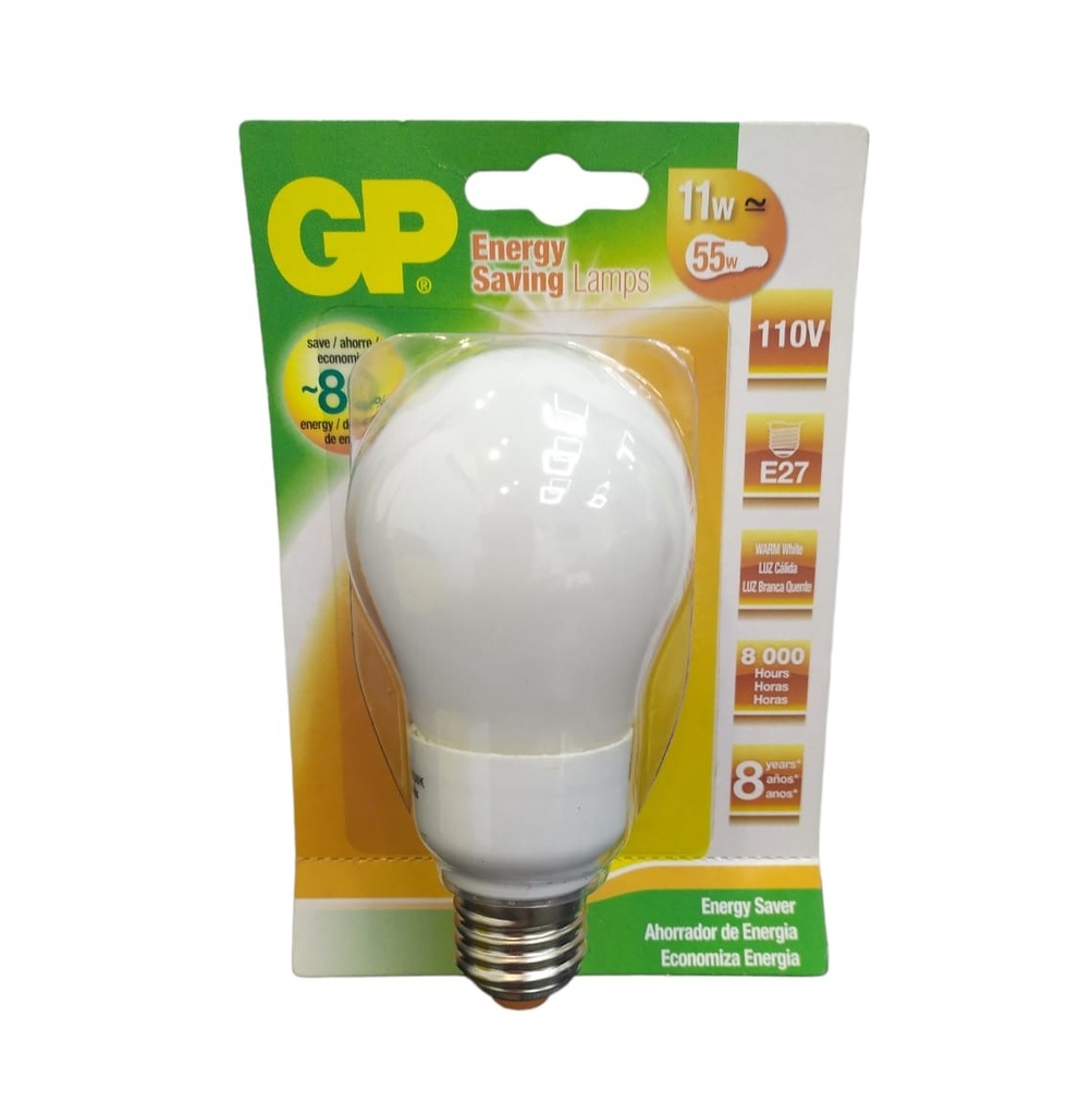BOMBILLO BULBO FLUORECENTE 11 W 3500 K E27 AC 120V 550 LM LUZ CALIDA REF. 056881-ESCVSA1 MARCA GP