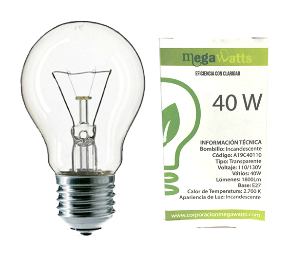 BOMBILLO INCANDESCENTE 40 W EQUIVALENTE 60 W E27 REF. A19C40110 MARCA MEGAWATT