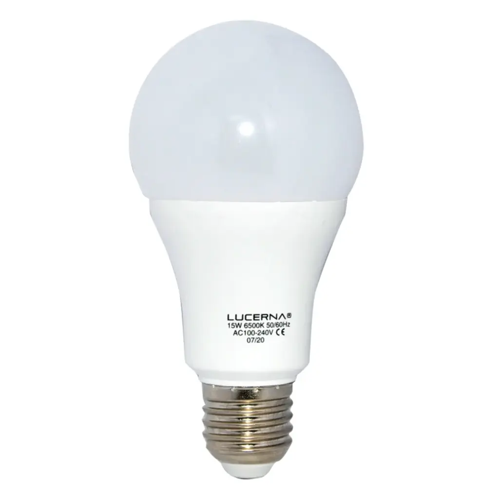 BOMBILLO LED TIPO BULBO 15W E27 6500K A65 ( LUZ FRIA ) MULTV 100 - 240 V COD. 726782 MARCA LUCERNA