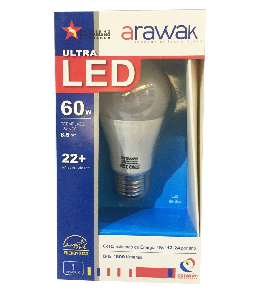BOMBILLO LED TIPO BULBO DE 8.5 W 800 LM 4.000 K (SEMI CALIDA) REF. LED8.5A60 / 124020 MARCA ARAWAK