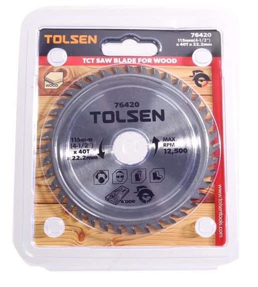 DISCO DE SIERRA TCT PARA MADERA 4 1/2" 115 MM X 22.20 MM X 40 DIENTES REF. 76420 MARCA TOLSEN