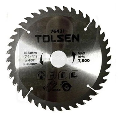 DISCO DE SIERRA TCT PARA MADERA 7 1/4" 185 MM X 30 MM X 40 DIENTES REF. 76431 MARCA TOLSEN