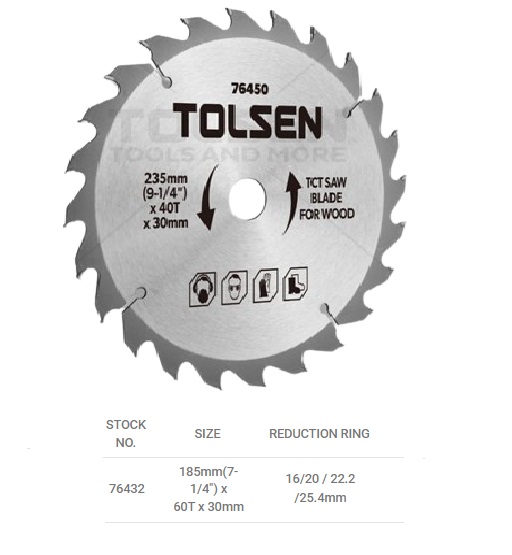 DISCO DE SIERRA TCT PARA MADERA 7 1/4" 185MM X 30 MM X 60 DIENTES REF. 76432 MARCA TOLSEN