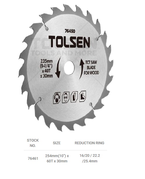 DISCO DE SIERRA TCT PARA MADERA 10" 254 MM X 30 MM X 60 DIENTES REF. 76461 MARCA TOLSEN