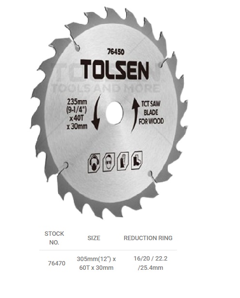 DISCO DE SIERRA TCT PARA MADERA 12" 305 MM X 30 MM X 60 DIENTES REF. 76470 MARCA TOLSEN