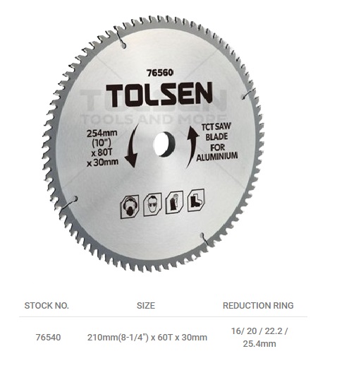 DISCO DE SIERRA TCT PARA ALUMINIO 8 1/4" 210 MM x 30 MM x 60 DIENTES REF. 76540 MARCA TOLSEN