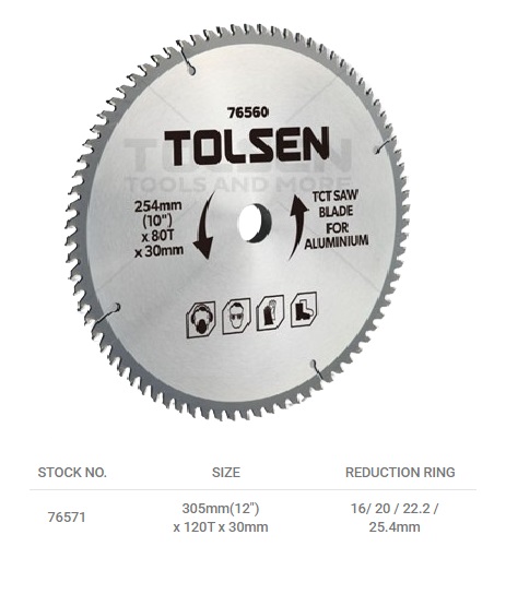 DISCO DE SIERRA TCT PARA ALUMINIO 12" 305 MM X 30 MM X 120 DIENTES REF. 76571 MARCA TOLSEN