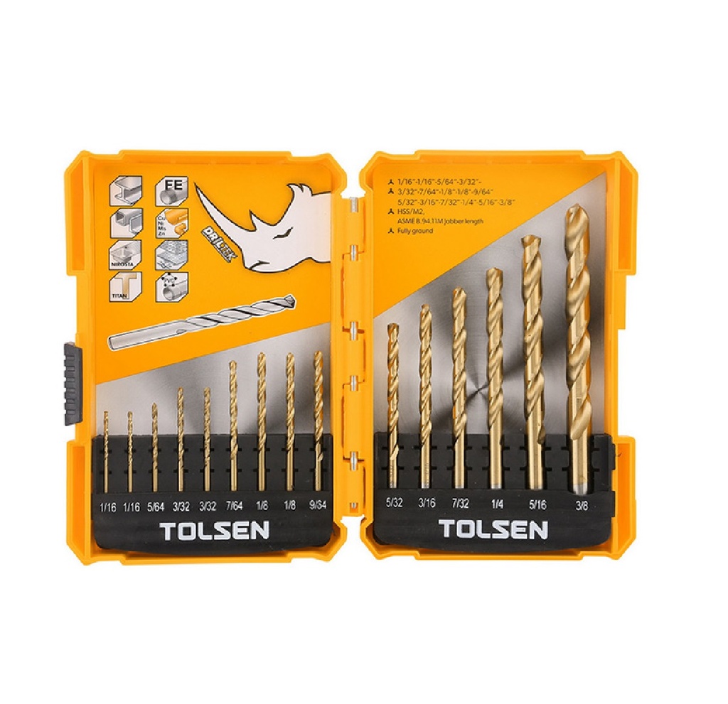 JUEGO MECHAS-BROCA 15 PZS DE 1/16 A 3/8" PUNTA DIVIDAD 135° REF: 75100 MARCA TOLSEN