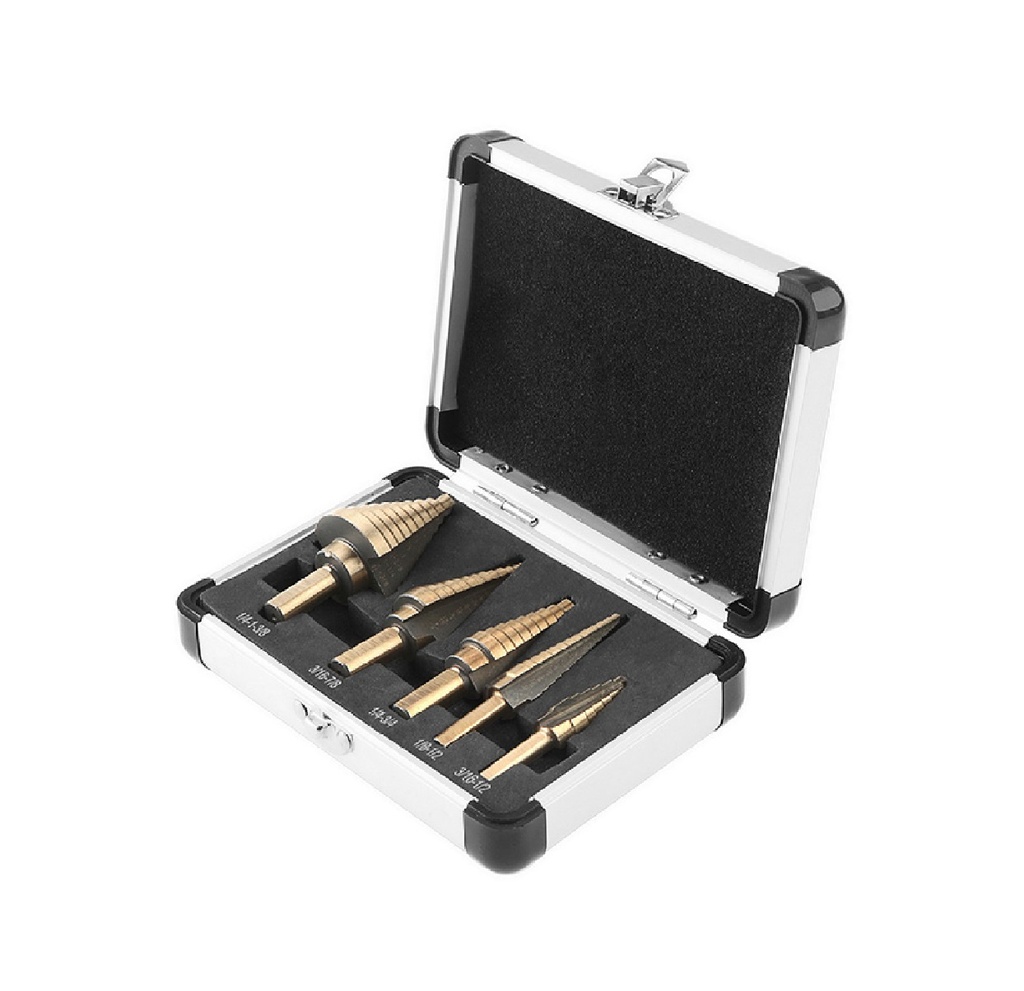 JUEGO BROCA ESCALONADO CON TITANIO 5 PZAS DE 1-3/8 7/8 3/4 1/2 1/2 REF 75879 MARCA TOLSEN