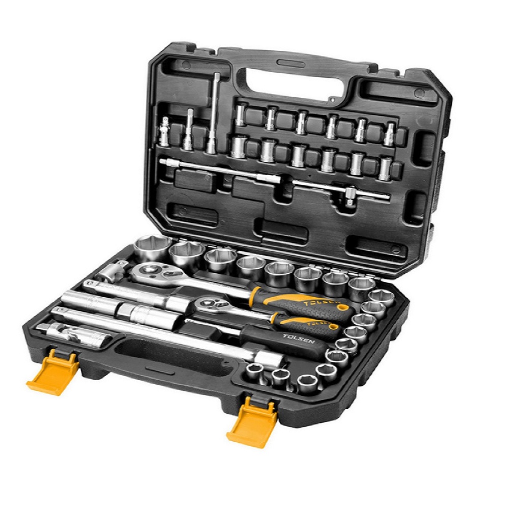 JUEGO DE 45 PZAS DADOS Y RATCHET 1/2" - 1/4" DADOS 10 A 32 MM REF: 15142 MARCA TOLSEN