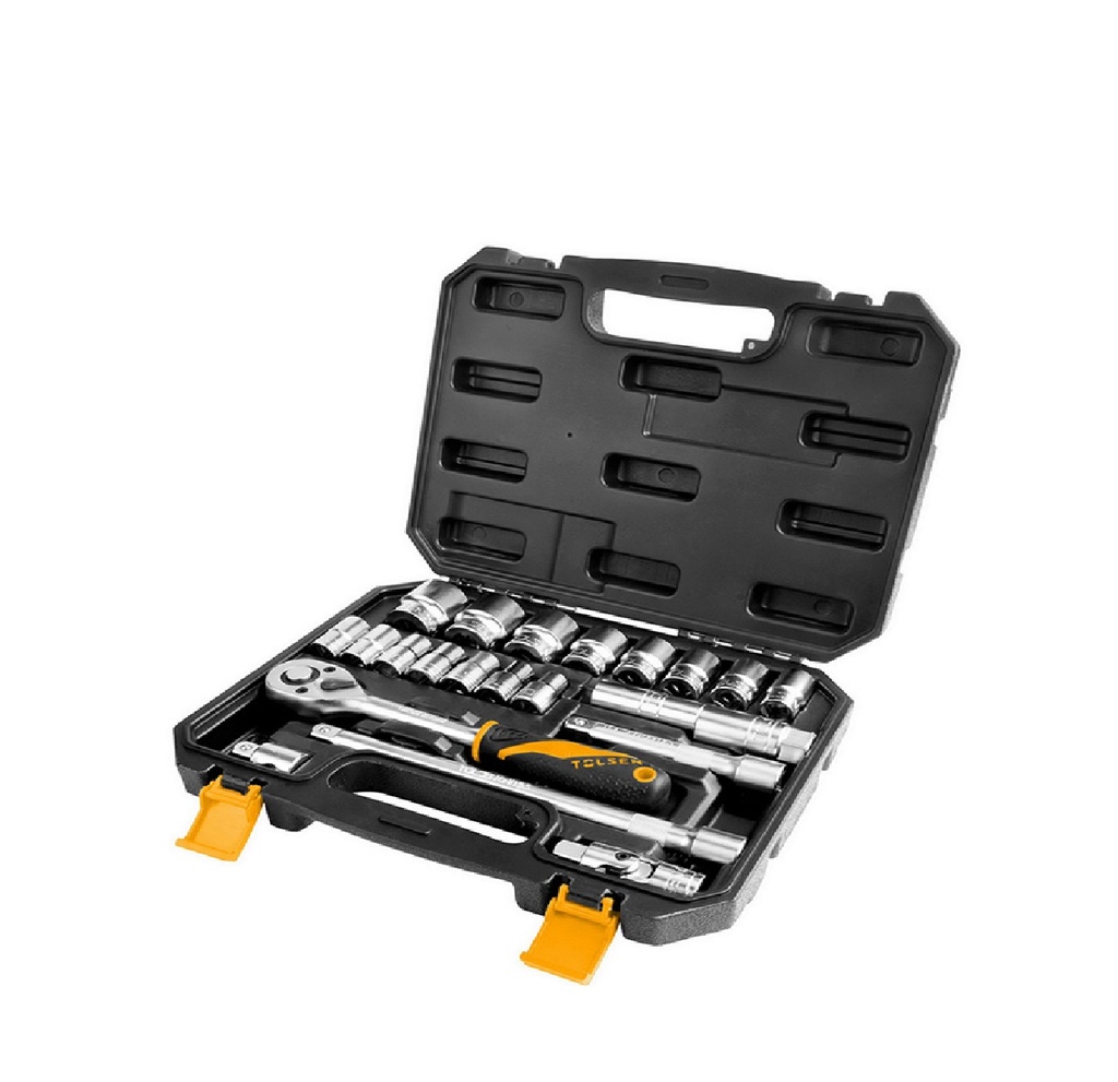 JUEGO DE 22 PZAS DADOS Y RATCHET 1/2" DE 10 A 32 MM CON MANGO ERGONOMICO REF: 15139 MARCA TOLSEN