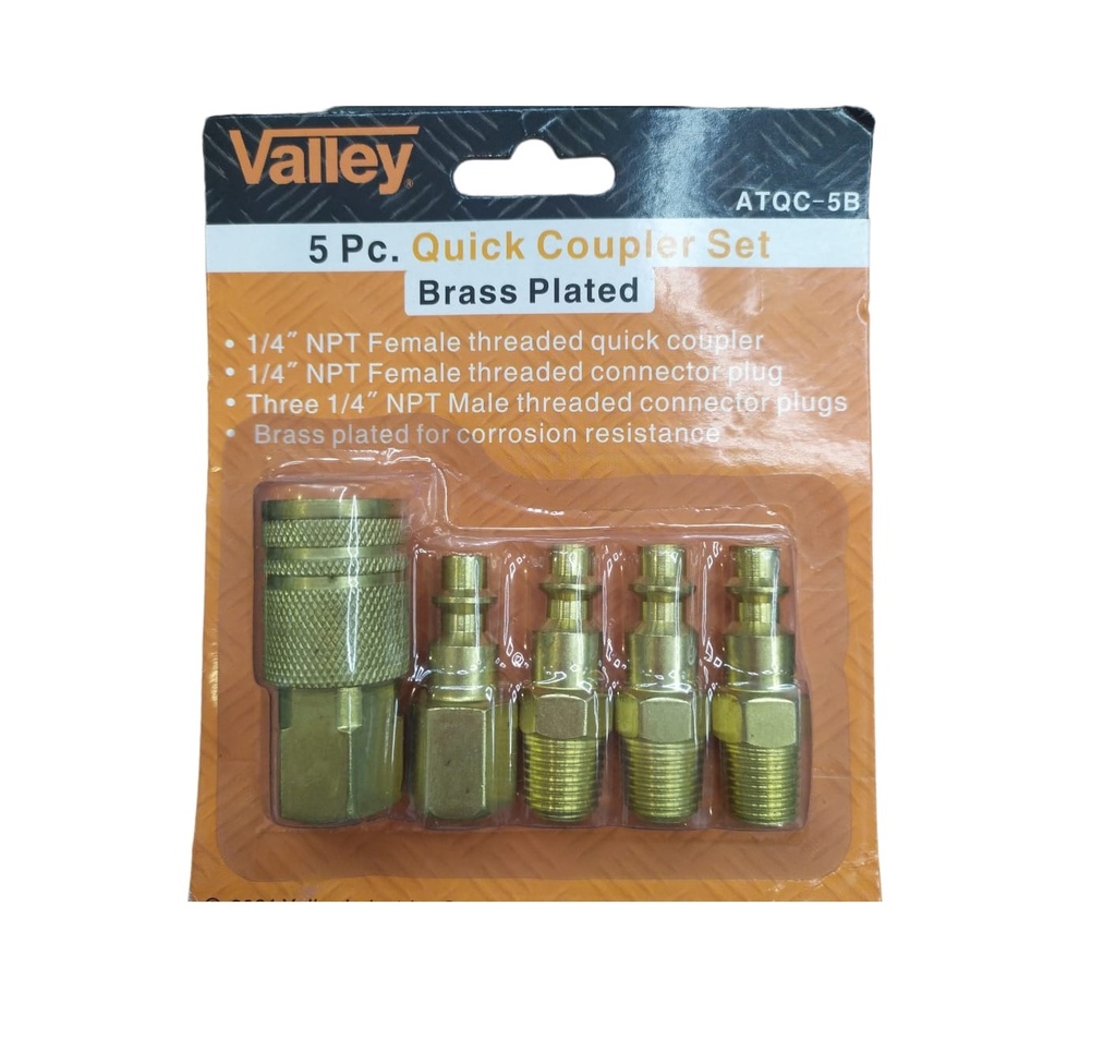 JUEGO DE ACOPLE Y CONECTORES RAPIDO 5 PZA P/ MANGUERA AIRE DE BRONCE ATQC-5B REF.023819 MARCA VALLEY