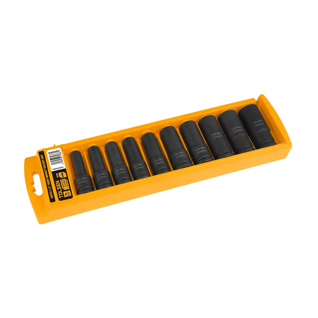JUEGO DE DADOS 10 PZAS LARGOS DE IMPACTO CUADRANTE DE 1/2" ( 10 MM - 24 MM ) REF. 18296 MARCA TOLSEN