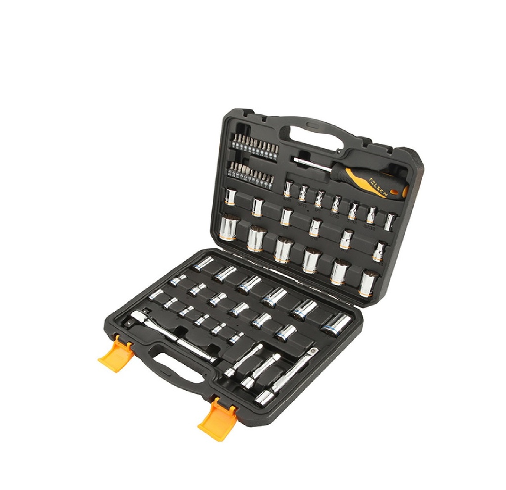 JUEGO DE 65 PZAS DADOS Y RATCHET 1/4" - 1/2" - 3/8" MM Y PULGADA REF: 15395 MARCA TOLSEN