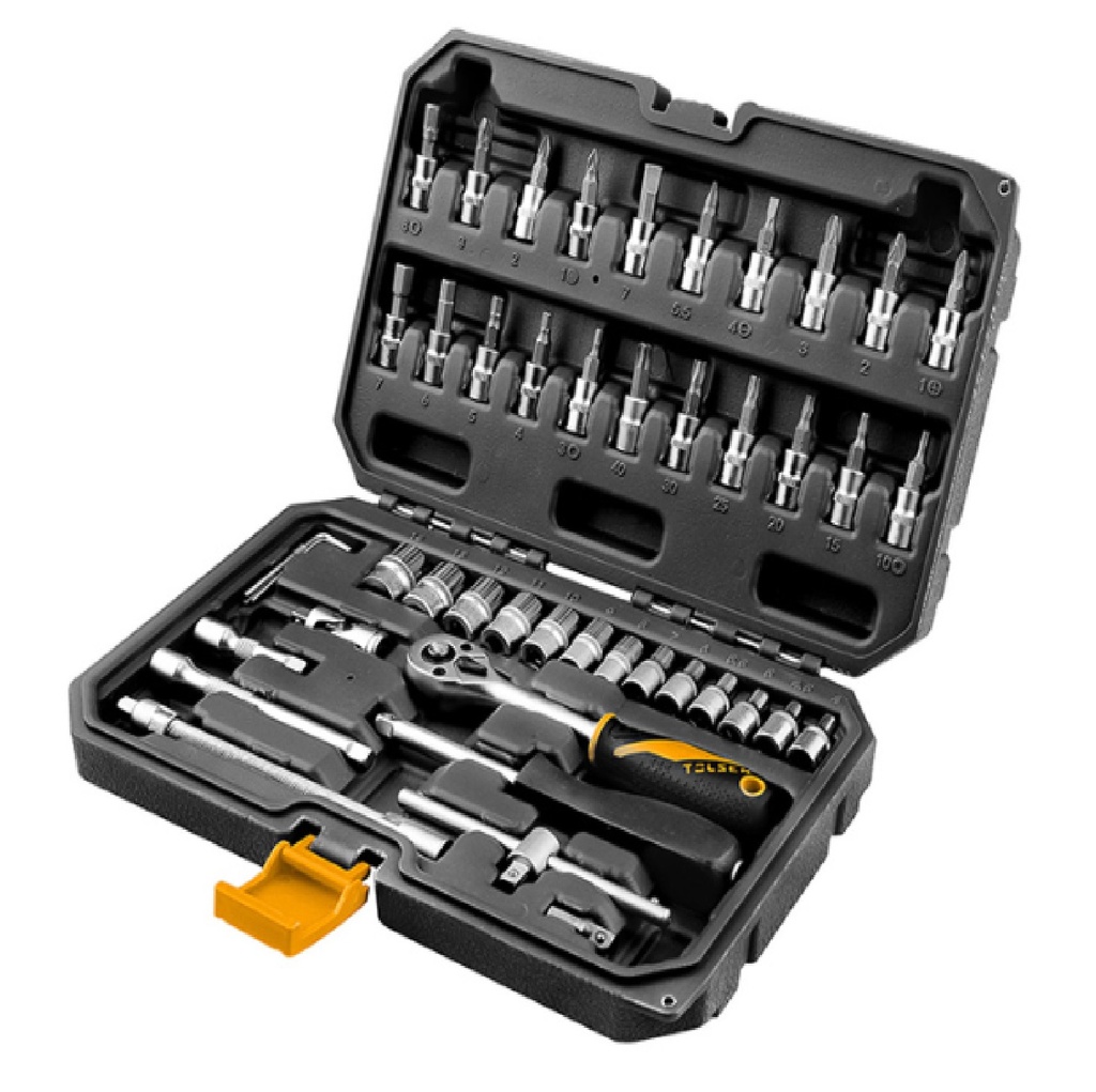 JUEGO DE DADOS Y RATCHET 1/4" 46 PZAS ( TORX+ PH+ HEXAG MM+ PZ + EXT+ ADAP) REF. 15138 MARCA TOLSEN