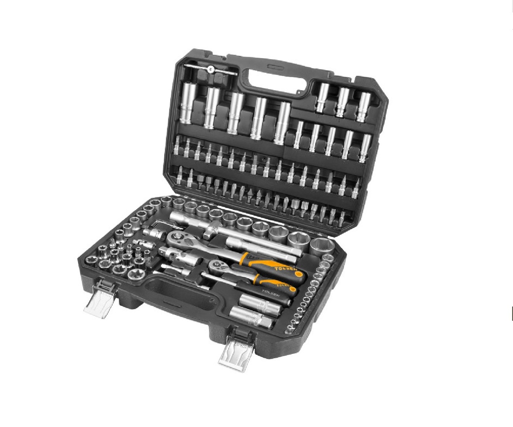 JUEGO DE 108 PZAS DADOS Y RATCHET 1/2" + 1/4" MANGO ERGONOMICO REF: 15144 MARCA TOLSEN