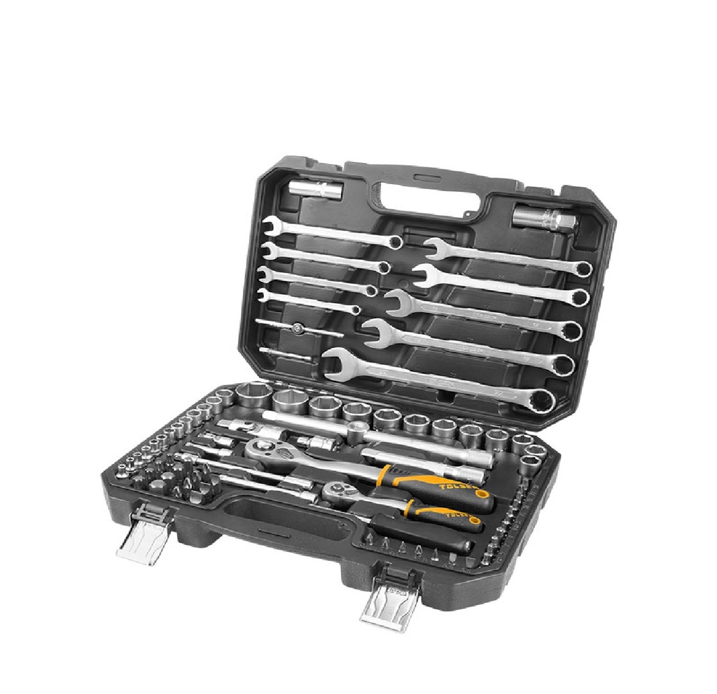 JUEGO DE 82 PZAS DADOS Y RATCHET 1/2" + 1/4" + 72 T MANGO ERGONOMICO REF: 15143 MARCA TOLSEN