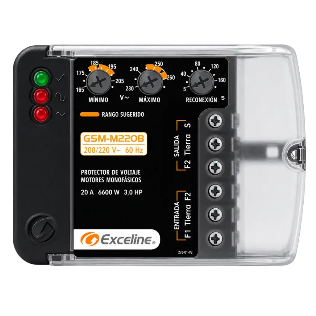 PROTECTOR DE VOLTAJE P/ MOTORES MONOFASICOS 220 VAC REF. GSM-MB / GSM-M220B/3/ 003808 MARCA EXCELINE