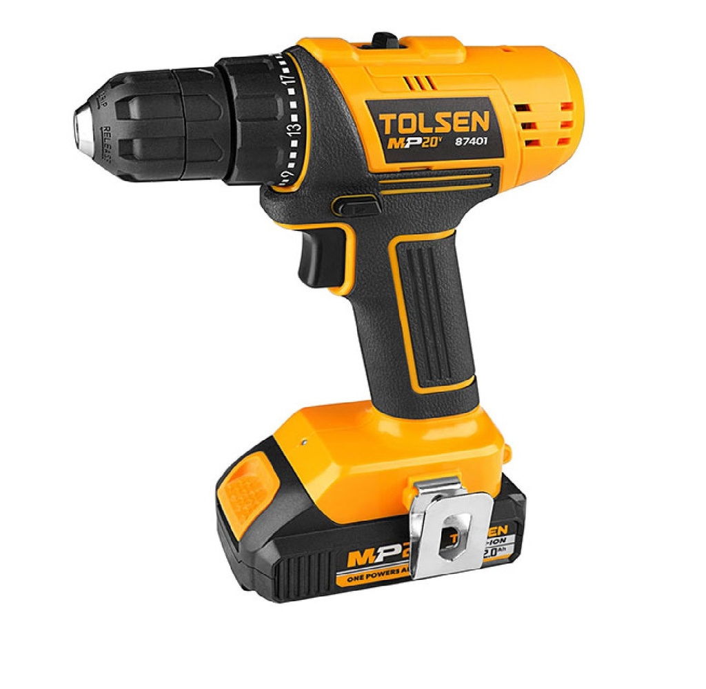 TALADRO INALÁMBRICO 3/8" 20 VCC 10MM 120V CA 60HZ CON/ 2 BATERIA Y CARGADOR REF: 87401 MARCA TOLSEN