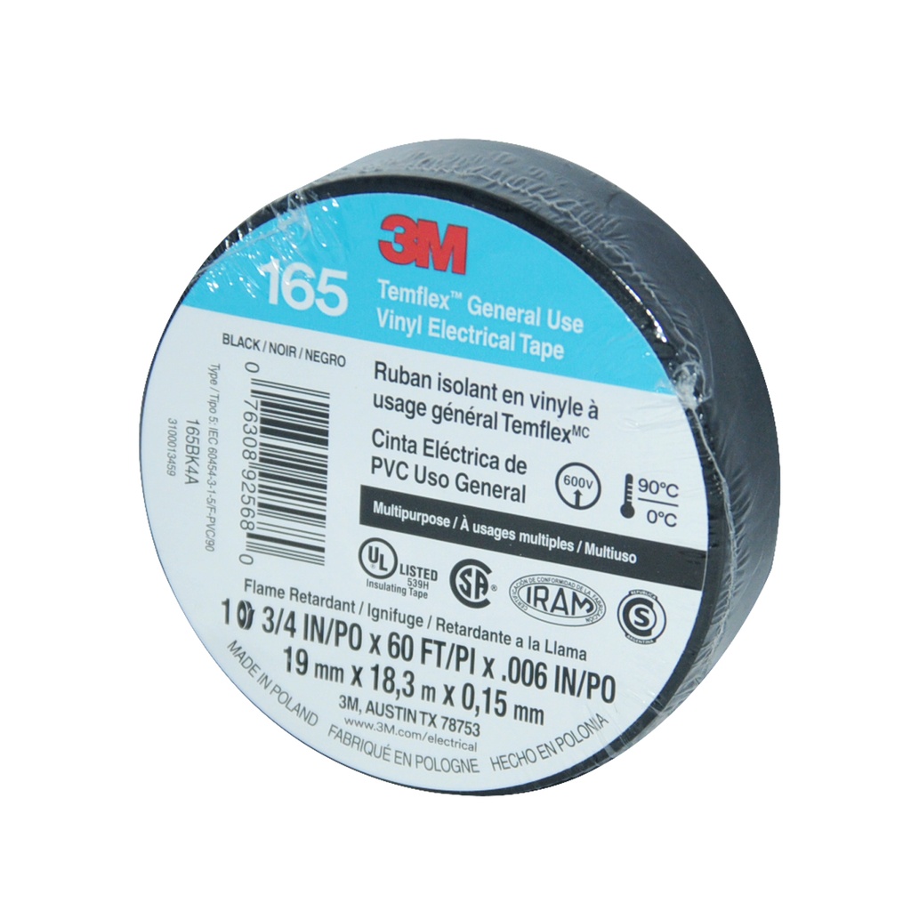 TAPE O CINTA ELECTRICA DE VINIL 3/4" X 18 MTS PROFESIONAL USO GENERAL REF. 165 COD. 925680 MARCA 3M