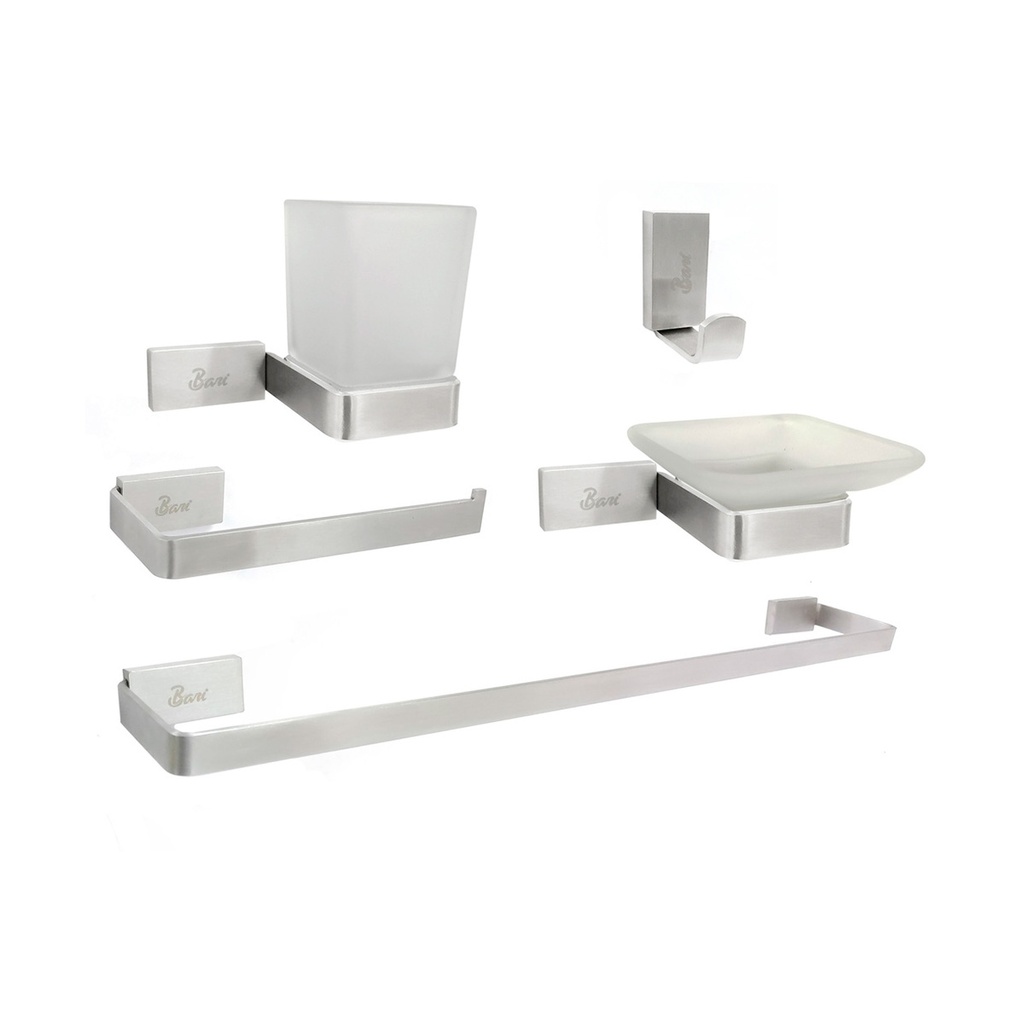 ACCESORIOS DE BAÑO 5 PZAS ( ACABADO CEPILLADO ) CUADRADO REF. GRI.04.01 MARCA BARI