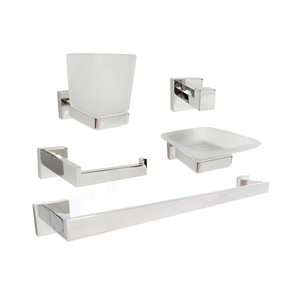 ACCESORIOS DE BAÑO 5 PZAS MODELO BOLZANO ( ACABADO CROMADO ) CUADRADO REF. GRI.04.03 MARCA BARI