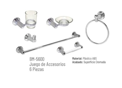 ACCESORIOS DE BAÑO MODELO LINEA BOUMAC 6 PZAS CROMADO REF. BM-5600 / 000376 MARCA BM