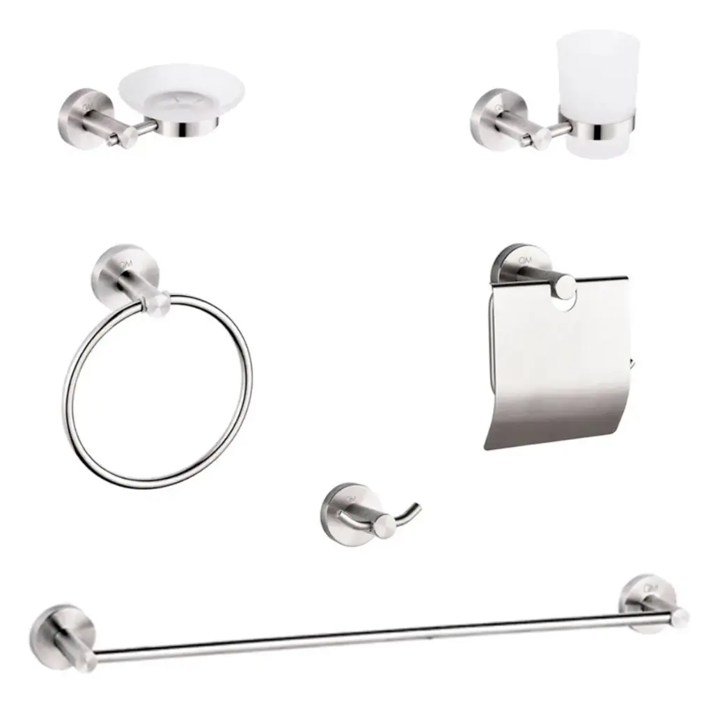 ACCESORIOS DE BAÑO 6 PZAS SERIE RIA COLOR SATIN REF.QM-14.100.1503 MARCA QUALITY METAL