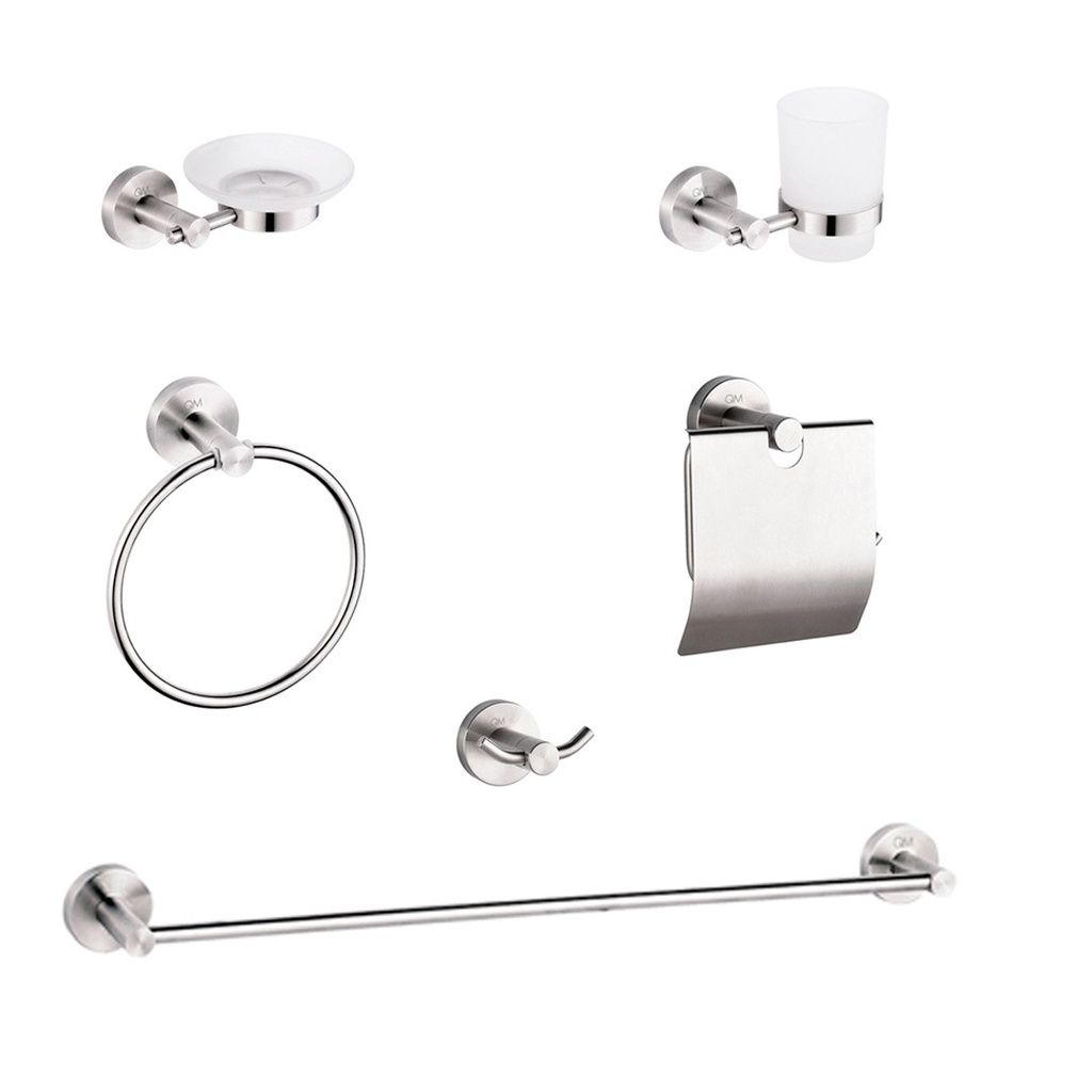ACCESORIOS DE BAÑO 6 PZAS SERIE RIA COLOR SATIN REF.QM-14.100.1503 MARCA QUALITY METAL