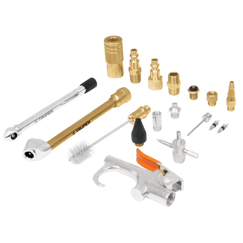 JUEGO DE ACCESORIOS NEUMATICOS PARA COMPRESORES 18 PZAS LIMP - INFL - CALIB REF. 19079 MARCA TRUPER