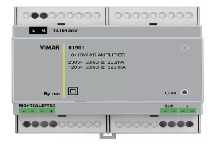 AMPLIFICADOR ESTEREO 2 SALIDAS 8 OHM 10 - 10 W OCUPA 6 MODULOS REF. 01901 MARCA VIMAR