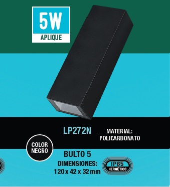 APLIQUE DECORATIVO 5 W 3000K 120 X 42 X 32 MM IP65 ALUMINIO NEGRO 100 -240 V REF. LP272N LUCERNA