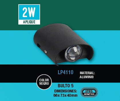 APLIQUE DECORATIVO 2 W 3000 K 66 X 73 X 40 MM IP65 ALUMINIO NEGRO 100-240V REF. LP4110 MARCA LUCERNA