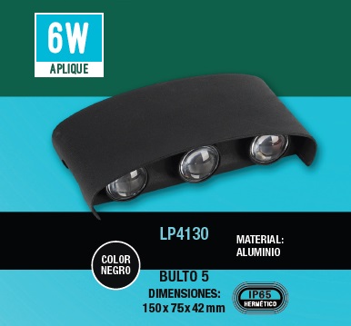 APLIQUE DECORATIVO 6 W 3000 K 150 X 75 X 42 MM IP65 ALUMINIO NEGRO 100-240 V REF. LP4130 LUCERNA