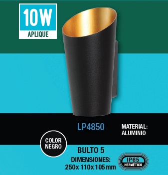 APLIQUE DECORATIVO 10 W 3000 K 250 X 110 X 45 MM IP65 ALUMINIO NEGRO 100-240 V REF. LP4850 LUCERNA