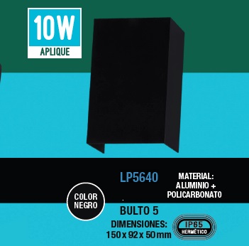 APLIQUE DECORATIVO 10 W 3000K 150 X 92 X 50MM IP65 ALUMINIO+PC NEGRO 100 -240 V REF. LP5640 LUCERNA
