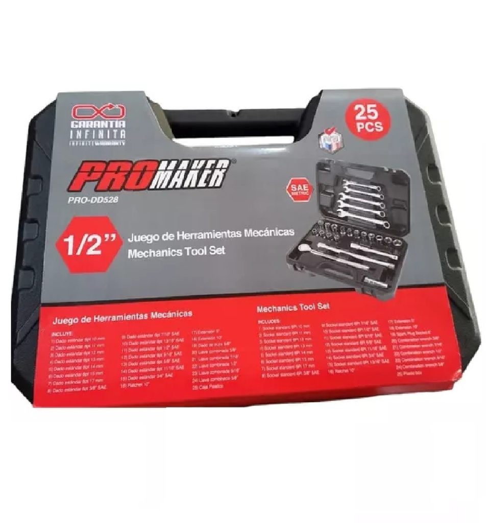 AUTOCLET / JUEGO DE DADOS COM 1/2" 6 PT SAE/MIL 25 PZAS REF. PRO-DD527 MARCA PROMAKER