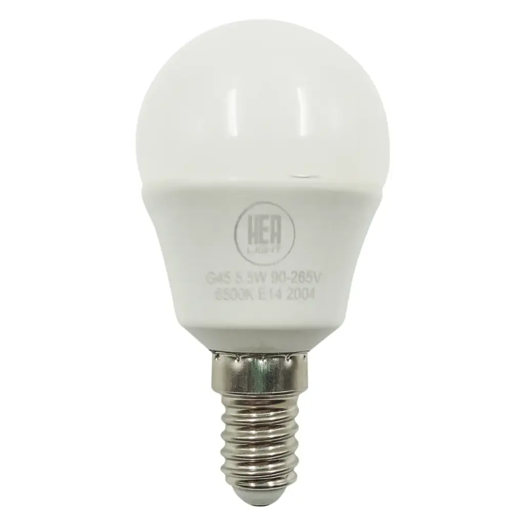 BOMBILLO LED BULBO 5.5 W E-14 6.500 K G45 90 - 277 V REF.BOM03077 COD. 308740 MARCA HEA LIGHT
