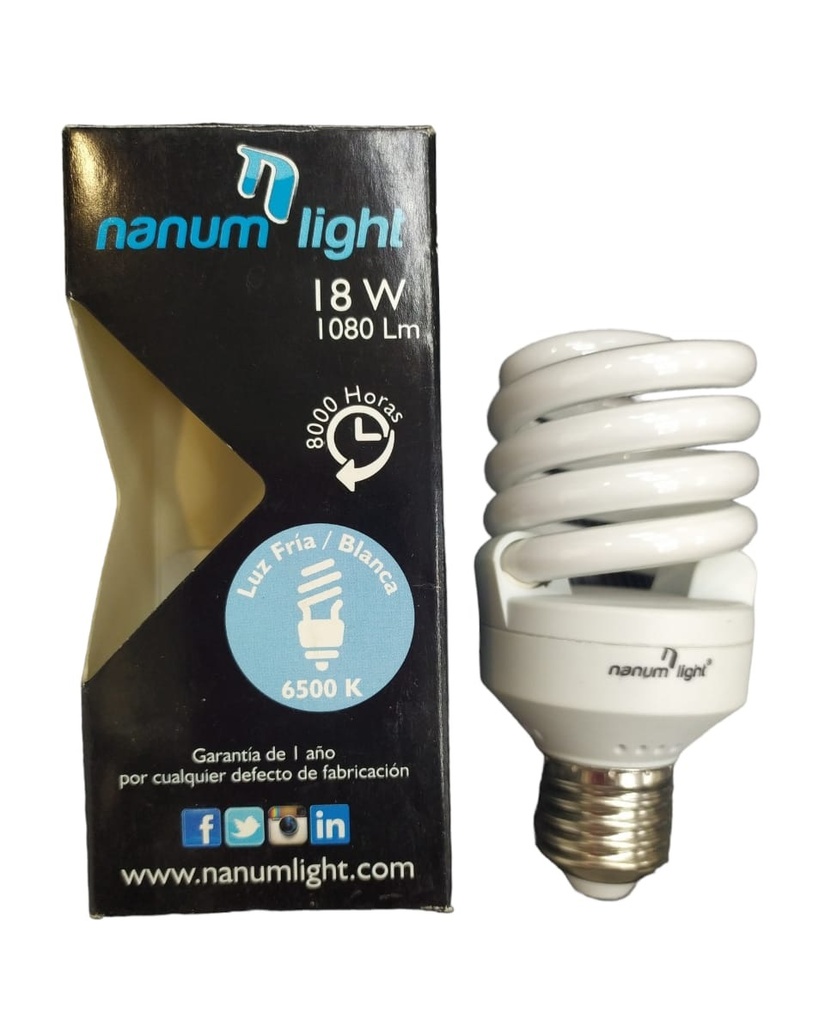 BOMBILLO ESPIRAL T2 18W 6500K E27 REF. 202031357 COD. 313571 MARCA NANUM LIGHT
