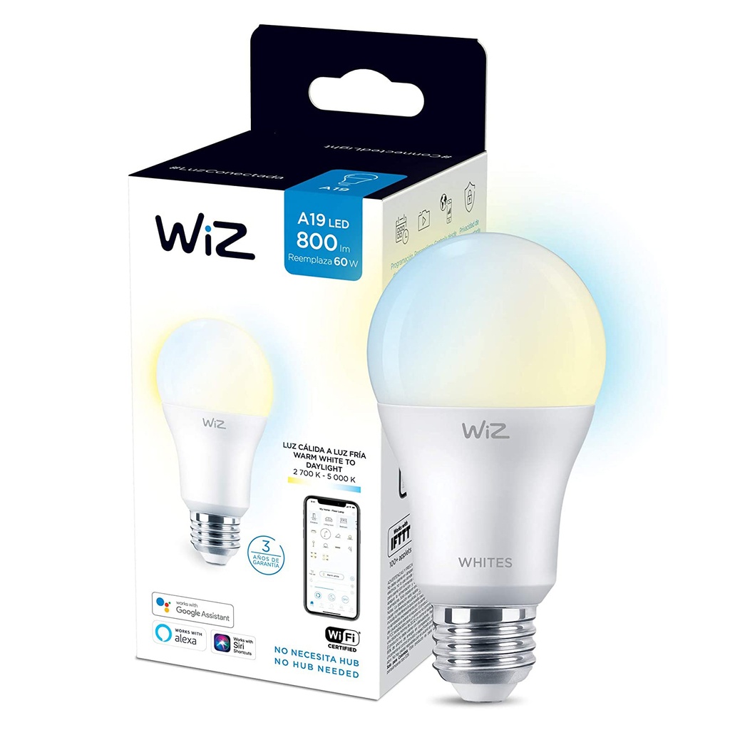 BOMBILLO SMART TIPO BULBO A19 2.700K - 5.000K 8W DIMEABLE E27 COD. 929002265411 MARCA WIZ